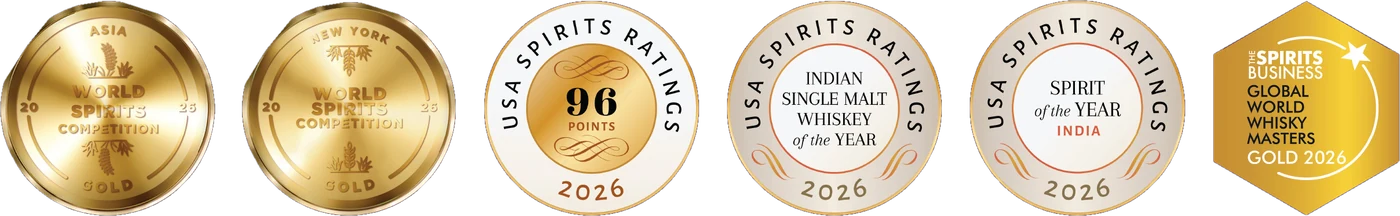 Indri Diwali Collector's Edition 2026 accolades - World Spirits Competition Gold, USA Spirits Ratings 96 Points, Indian Single Malt Whiskey of the Year, Spirit of the Year India, Global World Whisky Masters Gold 2026
